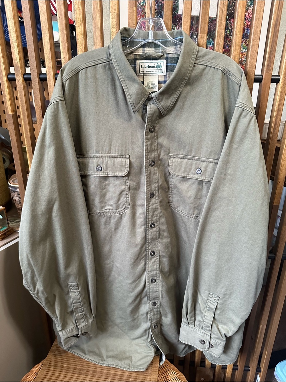 L.L. Bean Men XXL Tall Flannel Lined Hurricane Shirt Jacket Olive Green Heritage
